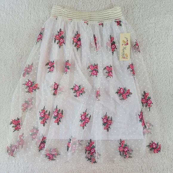 Magenta Floral Embroidered Tulle Skirt w/ Stretch Waistband - Picture 1 of 7